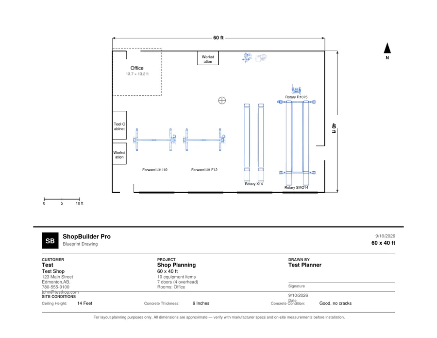 Page one of a Blueprint PDF export: a dimensioned 60 by 40 foot shop drawing with a title block showing customer, project and site conditions.
