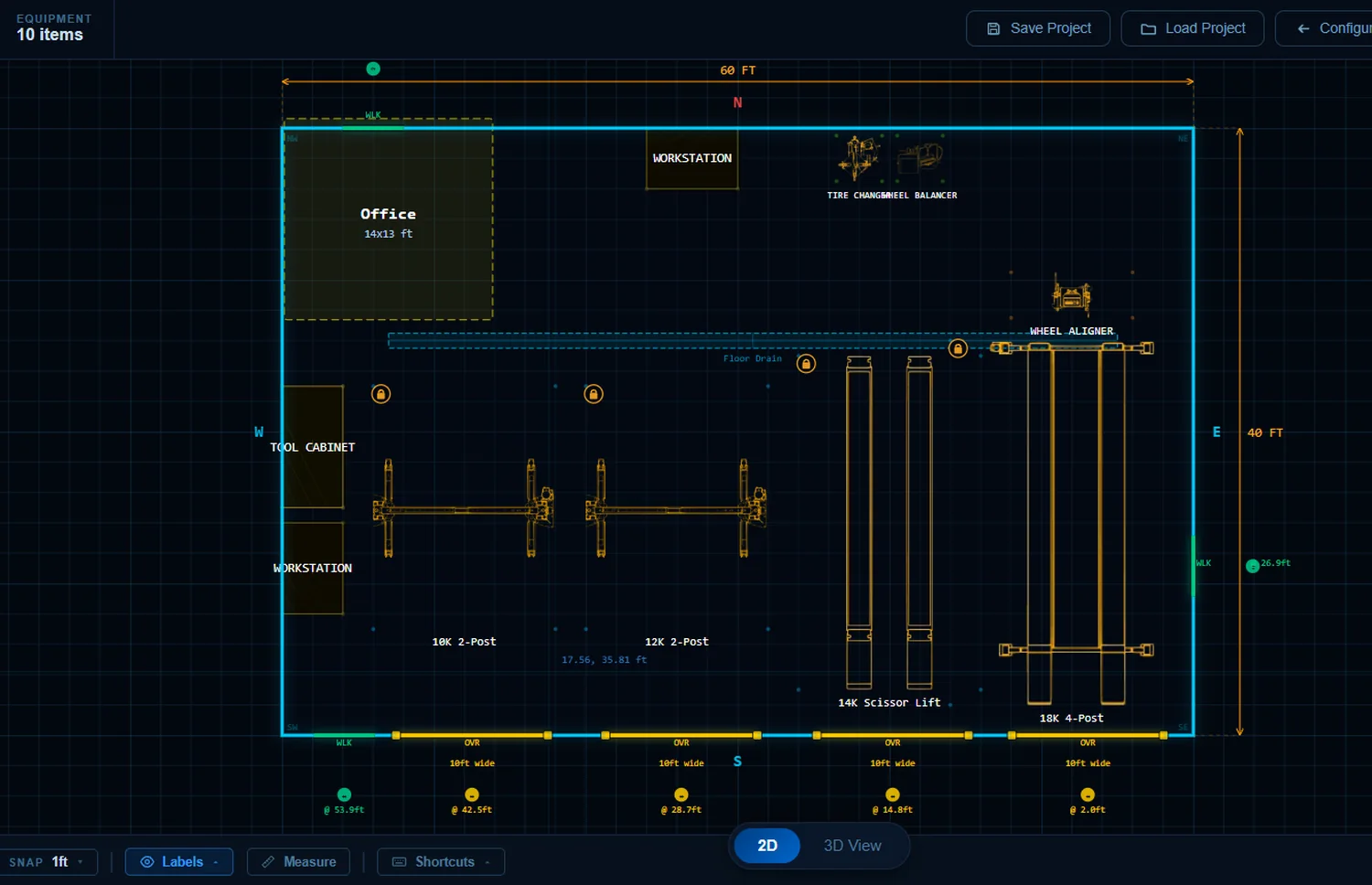 ShopBuilder Pro editor: a 60 by 40 foot shop laid out with two 2-post lifts, a scissor lift, a 4-post lift, wheel aligner, tire equipment, an office and five doors along the south wall.