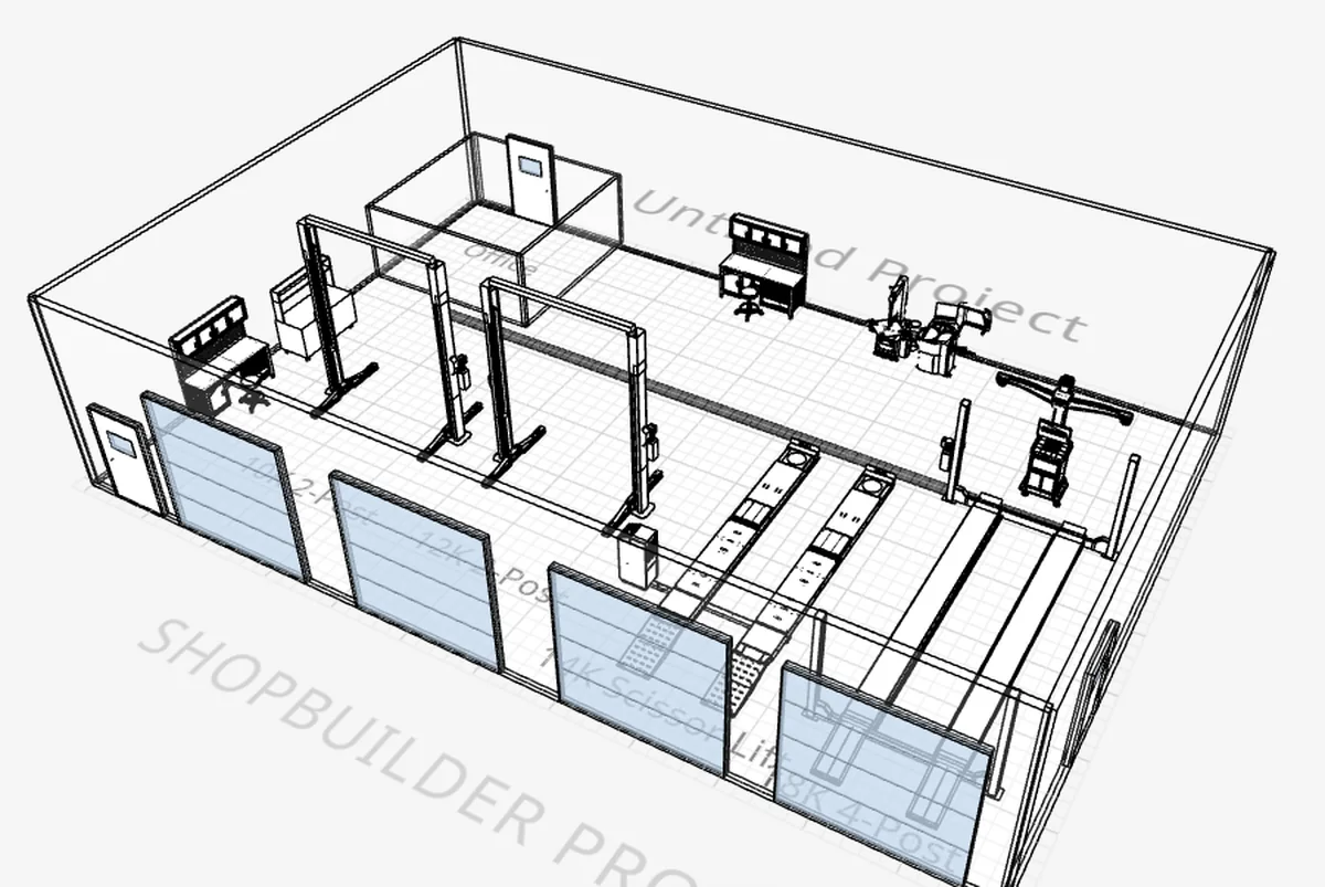 The same shop rendered in 3D: a white line-drawing view of the building with lifts, workbenches, tire equipment, an office and four overhead doors.
